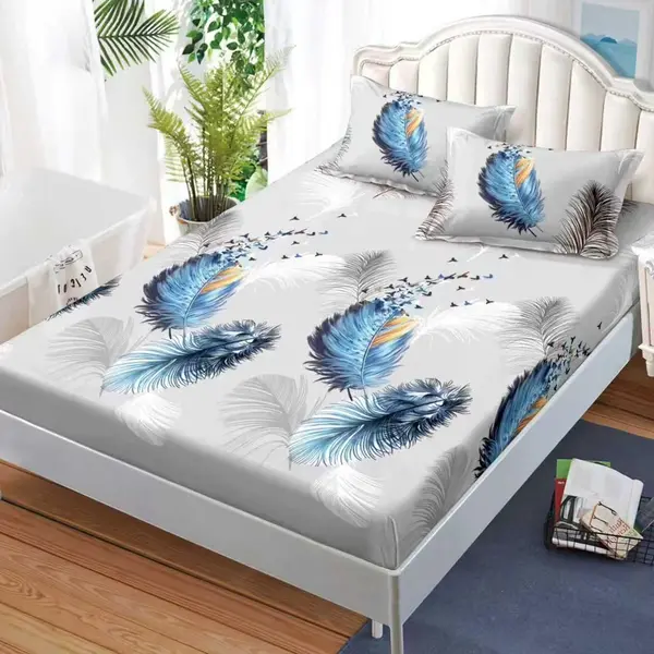 Cearsaf cu Elastic, Bumbac Satinat, 160x200 cm + 2 Fete de Perna 50x70 cm, Gri, pene albastre