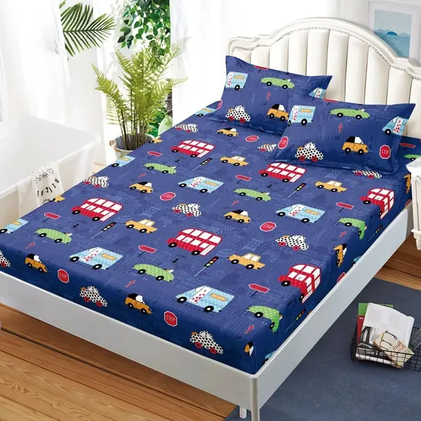 Cearsaf cu Elastic, Bumbac Satinat, 160x200 cm + 2 Fete de Perna 50x70 cm, Albastru, masinute