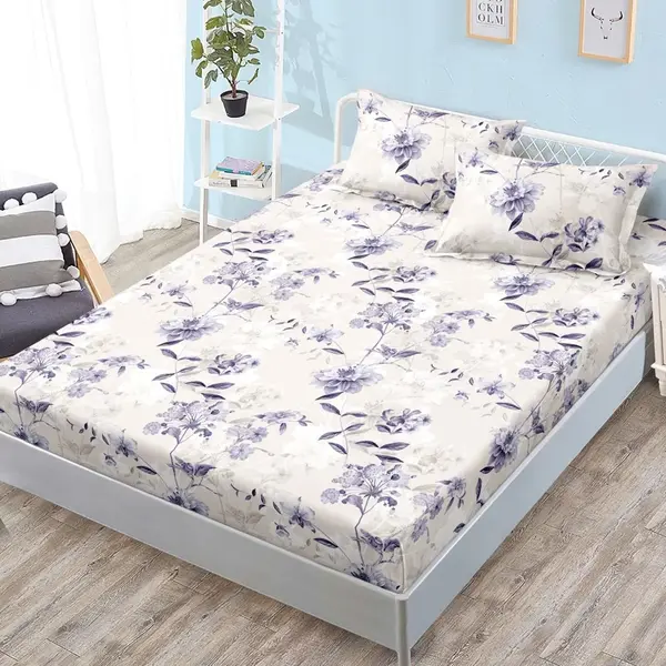Cearsaf cu Elastic, Bumbac Satinat, 160x200 cm + 2 Fete de Perna 50x70 cm, Bej, flori mov