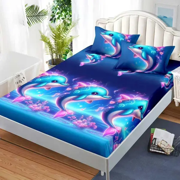 Cearsaf cu Elastic, Bumbac Satinat, 160x200 cm + 2 Fete de Perna 50x70 cm, Albastru, delfini