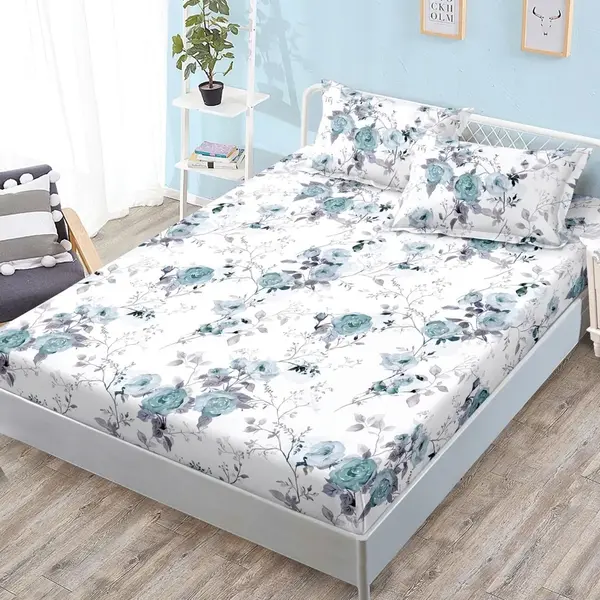 Cearsaf cu Elastic, Bumbac Satinat, 160x200 cm + 2 Fete de Perna 50x70 cm, Alb, floricele albastre