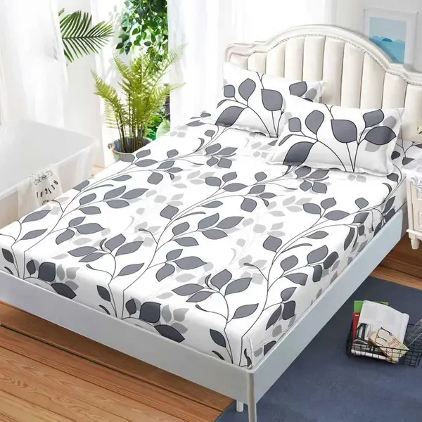 Cearsaf cu Elastic, Bumbac Satinat, 160x200 cm + 2 Fete de Perna 50x70 cm, Alb, frunze gri