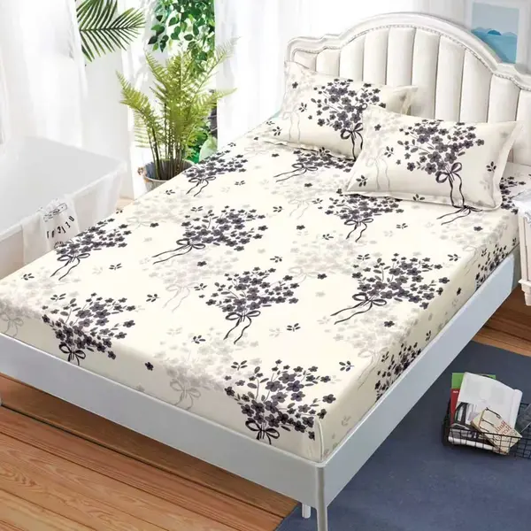 Cearsaf cu Elastic, Bumbac Satinat, 160x200 cm + 2 Fete de Perna 50x70 cm, Crem, floricele