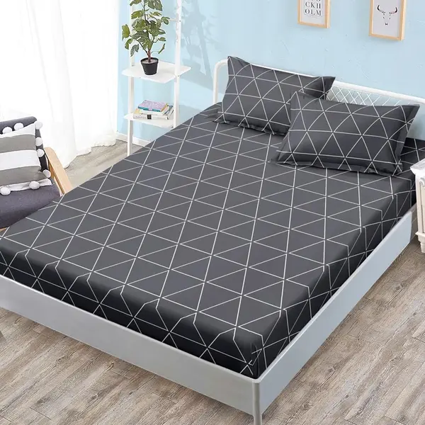 Cearsaf cu Elastic, Bumbac Satinat, 160x200 cm + 2 Fete de Perna 50x70 cm, Gri, triughiuri