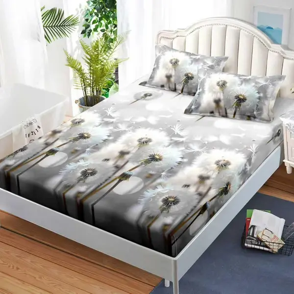 Cearsaf cu Elastic, Bumbac Satinat, 160x200 cm + 2 Fete de Perna 50x70 cm, Gri, papadii