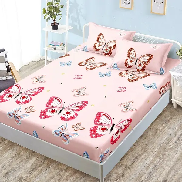 Cearsaf cu Elastic, Bumbac Satinat, 160x200 cm + 2 Fete de Perna 50x70 cm, Roz, fluturi