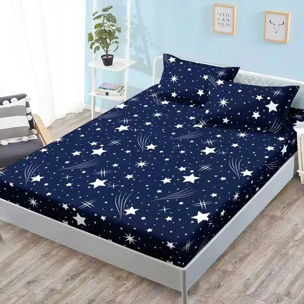 Cearsaf cu Elastic, Bumbac Satinat, 160x200 cm + 2 Fete de Perna 50x70 cm, Negru, ploaie de stele