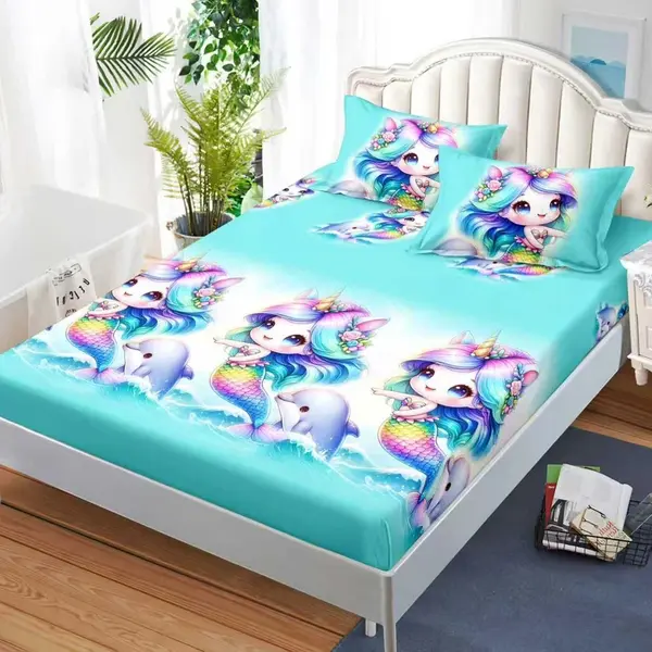 Cearsaf cu Elastic, Bumbac Satinat, 160x200 cm + 2 Fete de Perna 50x70 cm, Bleu, sirene, delfini