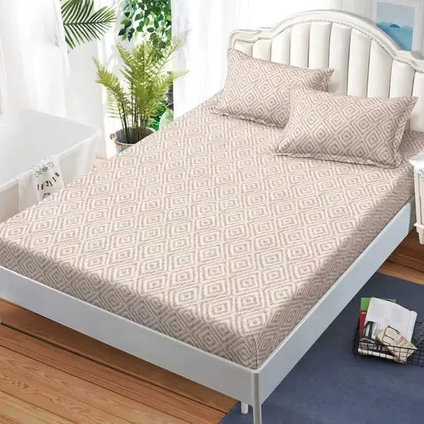 Cearsaf cu Elastic, Bumbac Satinat, 160x200 cm + 2 Fete de Perna 50x70 cm, Bej, abstract