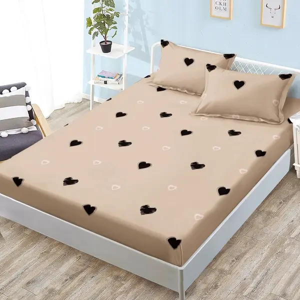Cearsaf cu Elastic, Bumbac Satinat, 160x200 cm + 2 Fete de Perna 50x70 cm, Bej, inimioare