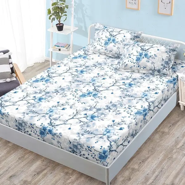 Cearsaf cu Elastic, Bumbac Satinat, 180x200 cm + 2 Fete de Perna 50x70 cm, Alb, flori albastre
