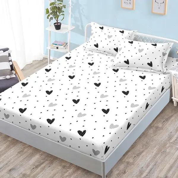 Cearsaf cu Elastic, Bumbac Satinat, 180x200 cm + 2 Fete de Perna 50x70 cm, Alb, inimioare