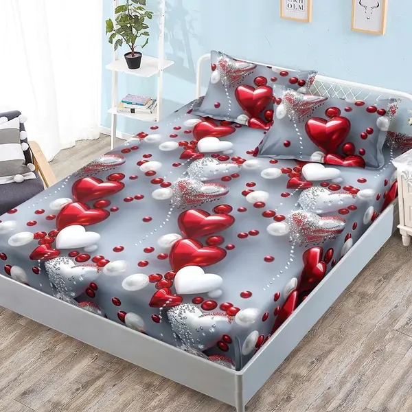 Cearsaf cu Elastic, Bumbac Satinat, 180x200 cm + 2 Fete de Perna 50x70 cm, Gri, inimioare