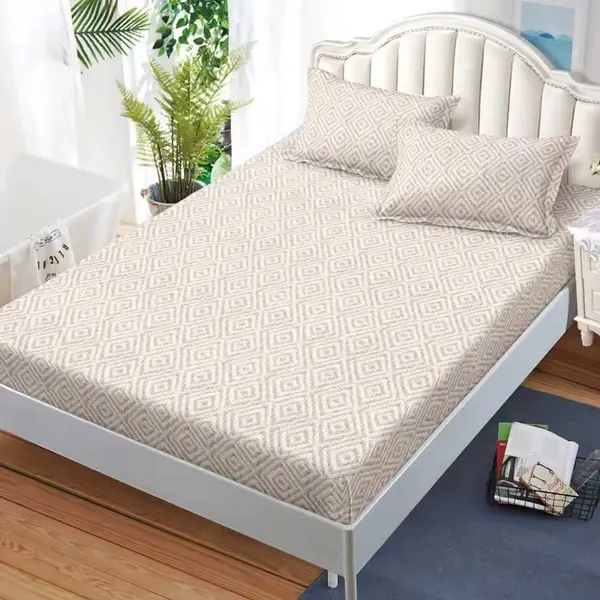 Cearsaf cu Elastic, Bumbac Satinat, 180x200 cm + 2 Fete de Perna 50x70 cm, Crem, carouri
