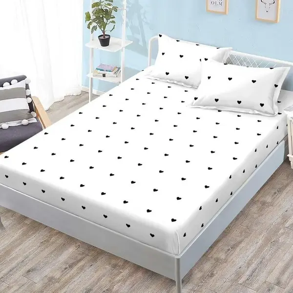 Cearsaf cu Elastic, Bumbac Satinat, 180x200 cm + 2 Fete de Perna 50x70 cm, Alb, Inimioare