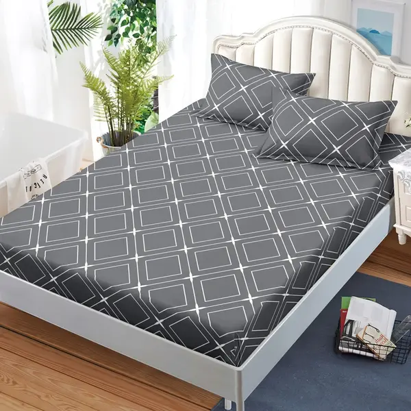 Cearsaf cu Elastic, Bumbac Satinat, 180x200 cm + 2 Fete de Perna 50x70 cm, Gri, romburi