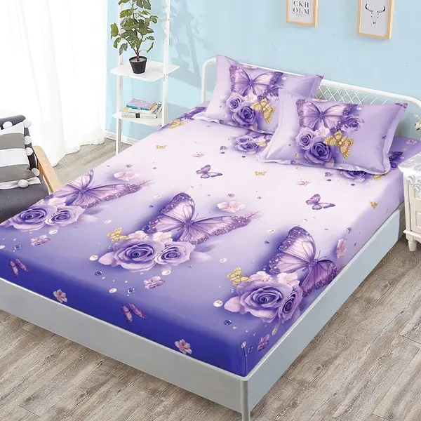 Cearsaf cu Elastic, Bumbac Satinat, 180x200 cm + 2 Fete de Perna 50x70 cm, Mov, fluturi si trandafiri