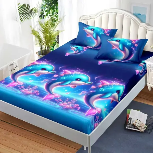 Cearsaf cu Elastic, Bumbac Satinat, 180x200 cm + 2 Fete de Perna 50x70 cm, Albastru, delfini