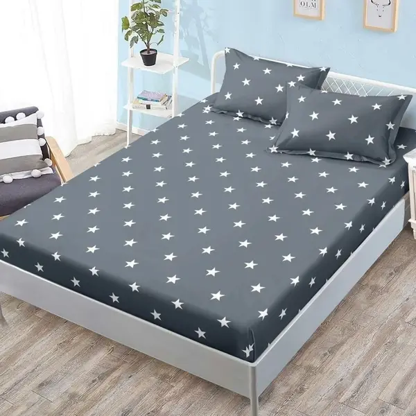 Cearsaf cu Elastic, Bumbac Satinat, 180x200 cm + 2 Fete de Perna 50x70 cm, Gri, Stelute