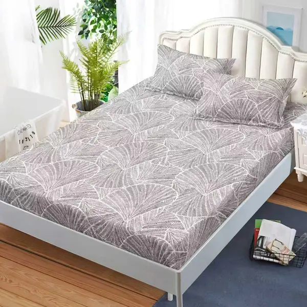 Cearsaf cu Elastic, Bumbac Satinat, 180x200 cm + 2 Fete de Perna 50x70 cm, Purpuriu, frunze