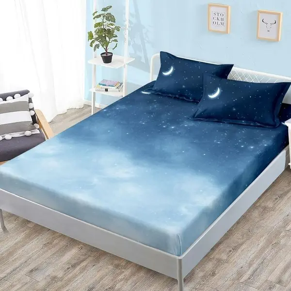 Cearsaf cu Elastic, Bumbac Satinat, 180x200 cm + 2 Fete de Perna 50x70 cm, Albastru degrade, Stelute