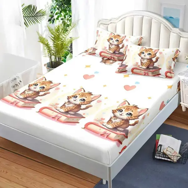 Cearsaf cu Elastic, Bumbac Satinat, 180x200 cm + 2 Fete de Perna 50x70 cm, Crem, pisicute
