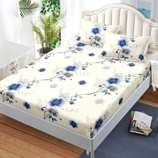 Cearsaf cu Elastic, Bumbac Satinat, 180x200 cm + 2 Fete de Perna 50x70 cm, Crem, flori