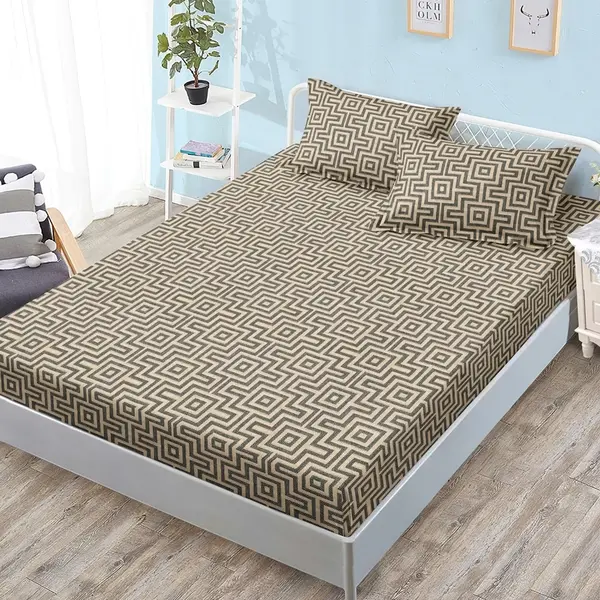 Cearsaf cu Elastic, Bumbac Satinat, 180x200 cm + 2 Fete de Perna 50x70 cm, Bej, dungi