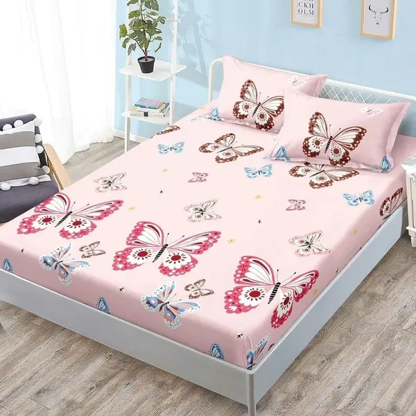 Cearsaf cu Elastic, Bumbac Satinat, 180x200 cm + 2 Fete de Perna 50x70 cm, Roz, Fluturi