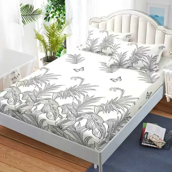 Cearsaf cu Elastic, Bumbac Satinat, 180x200 cm + 2 Fete de Perna 50x70 cm, Crem, frunze