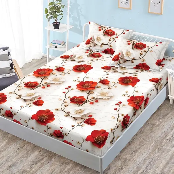 Cearsaf cu Elastic, Bumbac Satinat, 180x200 cm + 2 Fete de Perna 50x70 cm, Crem, flori