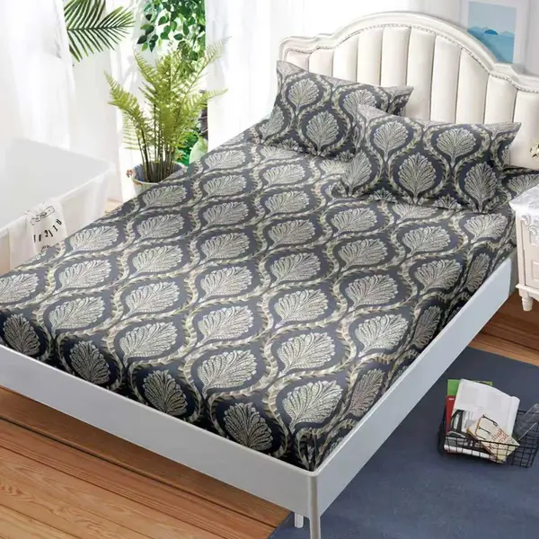 Cearsaf cu Elastic, Bumbac Satinat, 180x200 cm + 2 Fete de Perna 50x70 cm, Gri, abstract