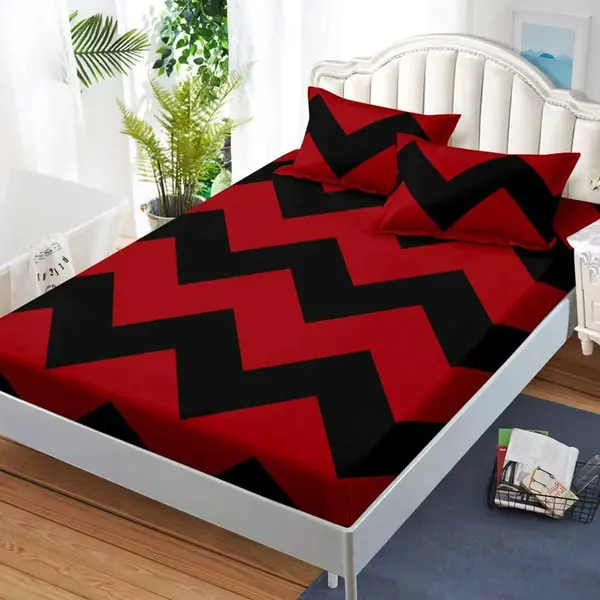 Cearsaf cu Elastic, Bumbac Satinat, 180x200 cm + 2 Fete de Perna 50x70 cm, Rosu, Negru, zig-zag