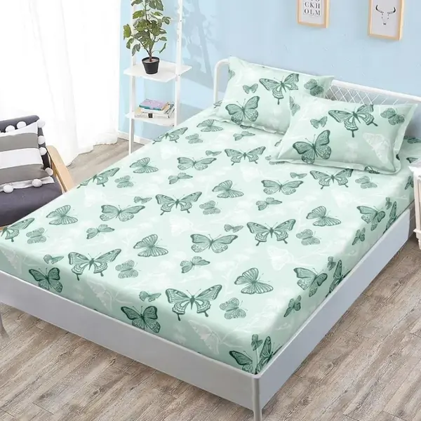 Cearsaf cu Elastic, Bumbac Satinat, 180x200 cm + 2 Fete de Perna 50x70 cm, Verde, Fluturi
