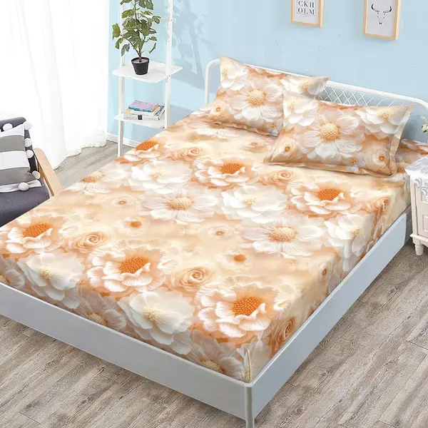 Cearsaf cu Elastic, Bumbac Satinat, 180x200 cm + 2 Fete de Perna 50x70 cm, Crem, flori