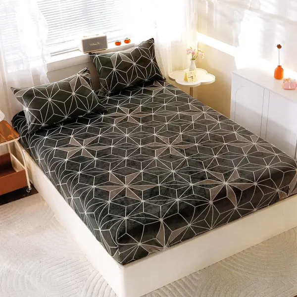 Cearsaf cu Elastic Cocolino 180x200cm si 2 fete de perna 50x70cm, Gri, Stele