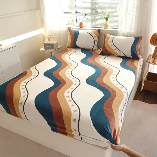 Cearsaf cu Elastic Cocolino 180x200cm si 2 fete de perna 50x70cm, Bej, Turcuaz, abstract
