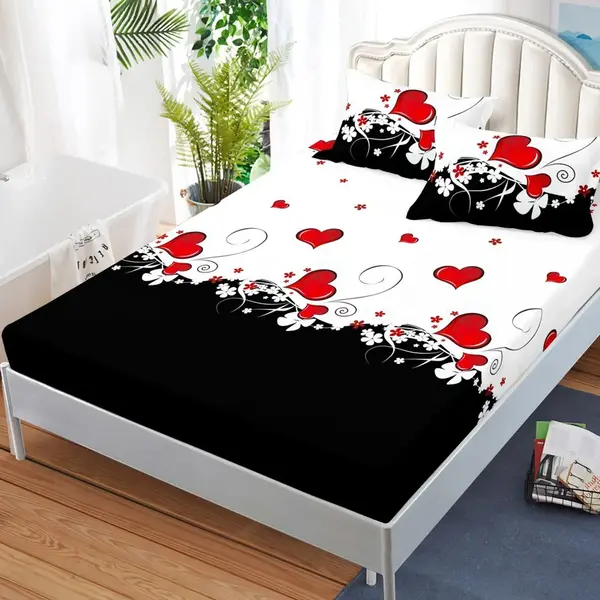 Cearsaf cu elastic, FINET, 180x200cm, 2 fete de perne 50x70cm, Alb, Negru, inimioare