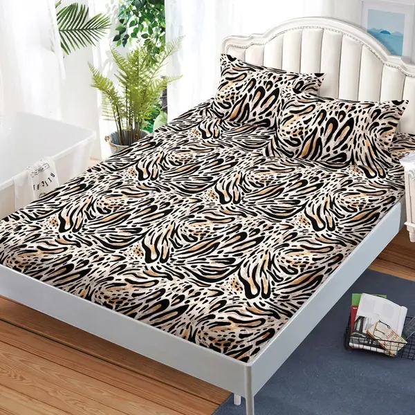 Cearsaf cu elastic, FINET, 180x200cm, 2 fete de perne 50x70cm, Alb, Maro, Negru, animal print