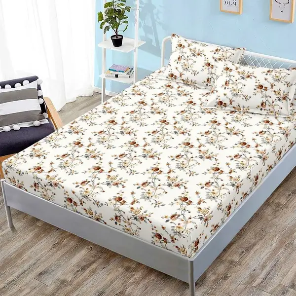 Cearsaf cu elastic, FINET, 180x200cm, 2 fete de perne 50x70cm, Bej, flori