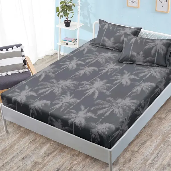 Cearsaf cu elastic, FINET, 180x200cm, 2 fete de perne 50x70cm, Gri, palmieri
