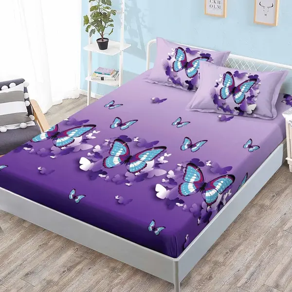 Cearsaf cu elastic, FINET, 180x200cm, 2 fete de perne 50x70cm, Mov, fluturi