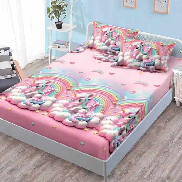 Cearsaf cu elastic, FINET, 180x200cm, 2 fete de perne 50x70cm, Roz, unicorni si curcubeu