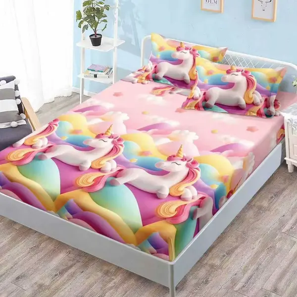 Cearsaf cu elastic, FINET, 180x200cm, 2 fete de perne 50x70cm, Roz, unicorni