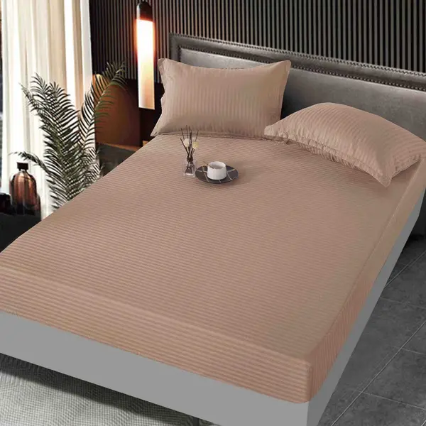 Cearsaf cu Elastic, JoJo Home, Damasc Finetat, 160x200 cm, 2 Fete de Perna 50x70 cm, Cappuccino