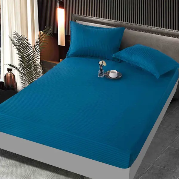 Cearsaf cu Elastic, JoJo Home, Damasc Finetat, 160x200 cm, 2 Fete de Perna 50x70 cm, Albastru
