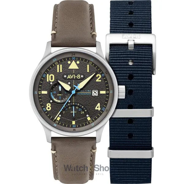 Ceas AVI-8 AVI-8 AV-4101-09 Mens Watch Hawker Hurricane McKellar Dual Time GMT 44mm 5ATM