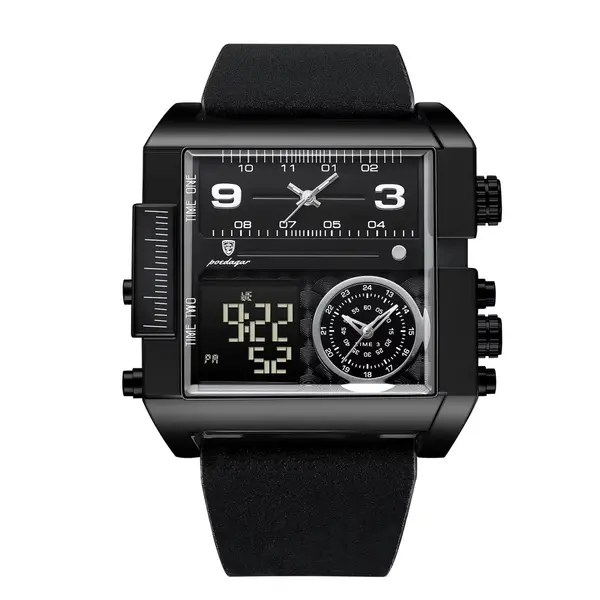 Ceas barbatesc digital&analog Poedagar CS1768, piele naturala, negru, cadran negru