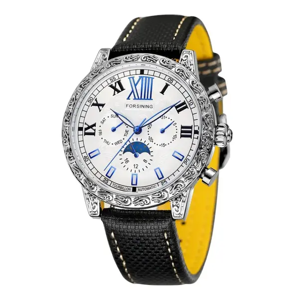 Ceas barbatesc Forsining cu Moon Phase (arata noapte/zi), curea din piele neagra, mecanism automatic-mecanic, elegant si rafinat intr-un design clasic