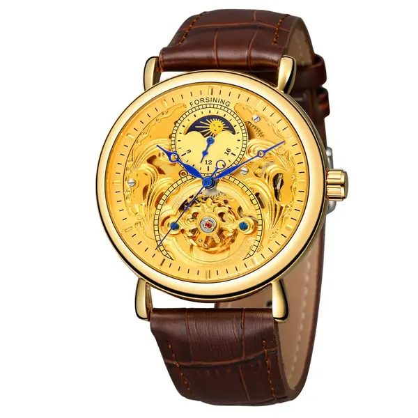 Ceas barbatesc Forsining Gold, Skeleton, Moon Phase(arata noapte/zi), mecanism automatic, curea din piele maro, stil Fashion + cutie cadou